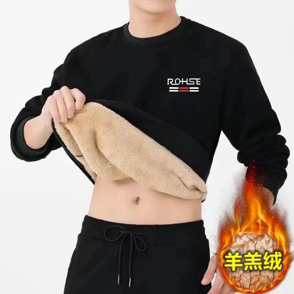 冬季加厚羊羔绒百搭男士巨厚加绒卫衣圆领套头休闲保暖长袖1/2件