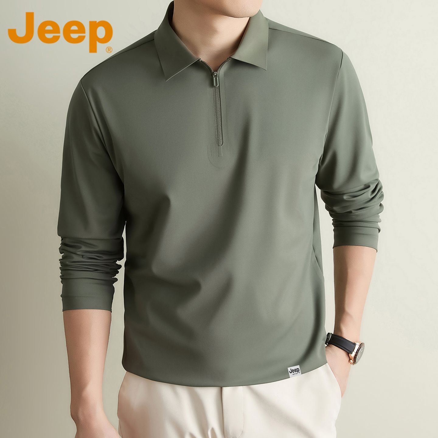 【JEEP】吉普高级感长袖POLO衫男士春秋季翻领半拉链t恤商务休闲上衣