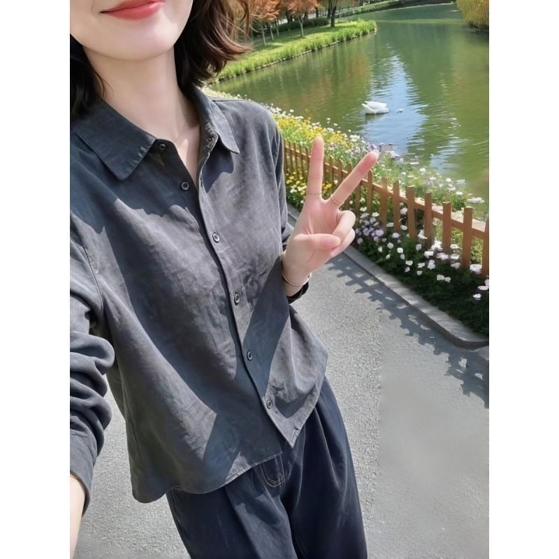 纽扣翻领衬衣衬衫秋装女款2026新款艺术系气质上衣爆款外穿外套女