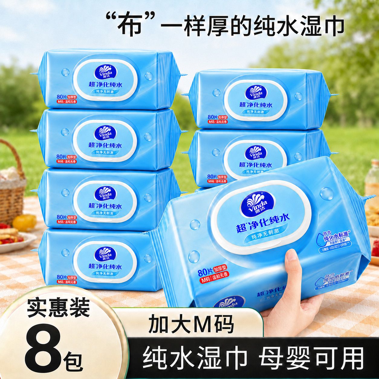 【维达】湿纸巾大包装纯水湿巾80抽家用加厚带盖家庭清洁手口整箱婴儿