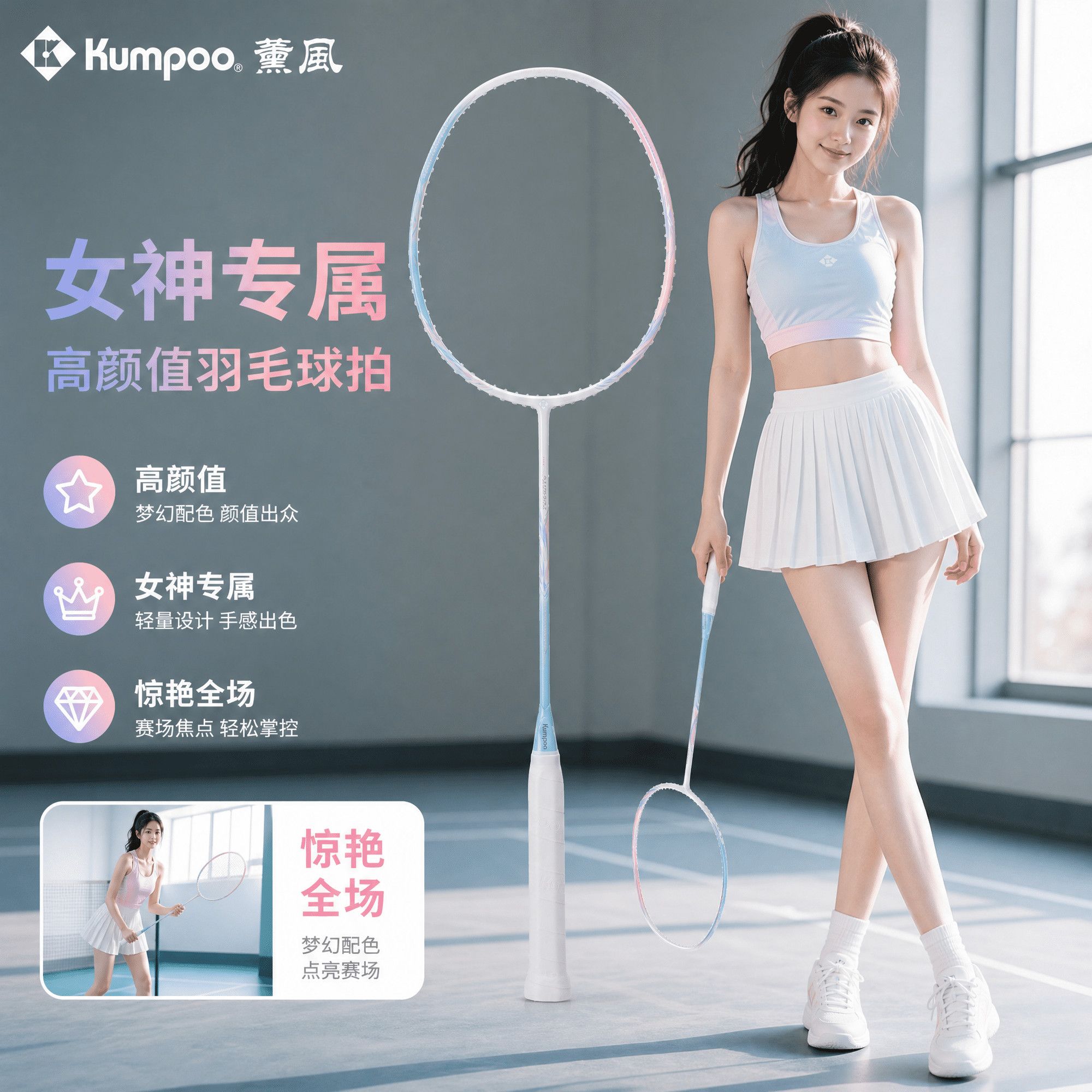【女神专属】薰风Kumpoo粉色超轻全碳素高颜值女生潘多拉羽毛球拍