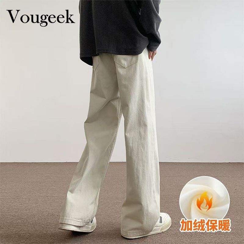 Vougeek2026秋冬新款米白色复古工装加绒休闲裤男直筒百搭潮流裤