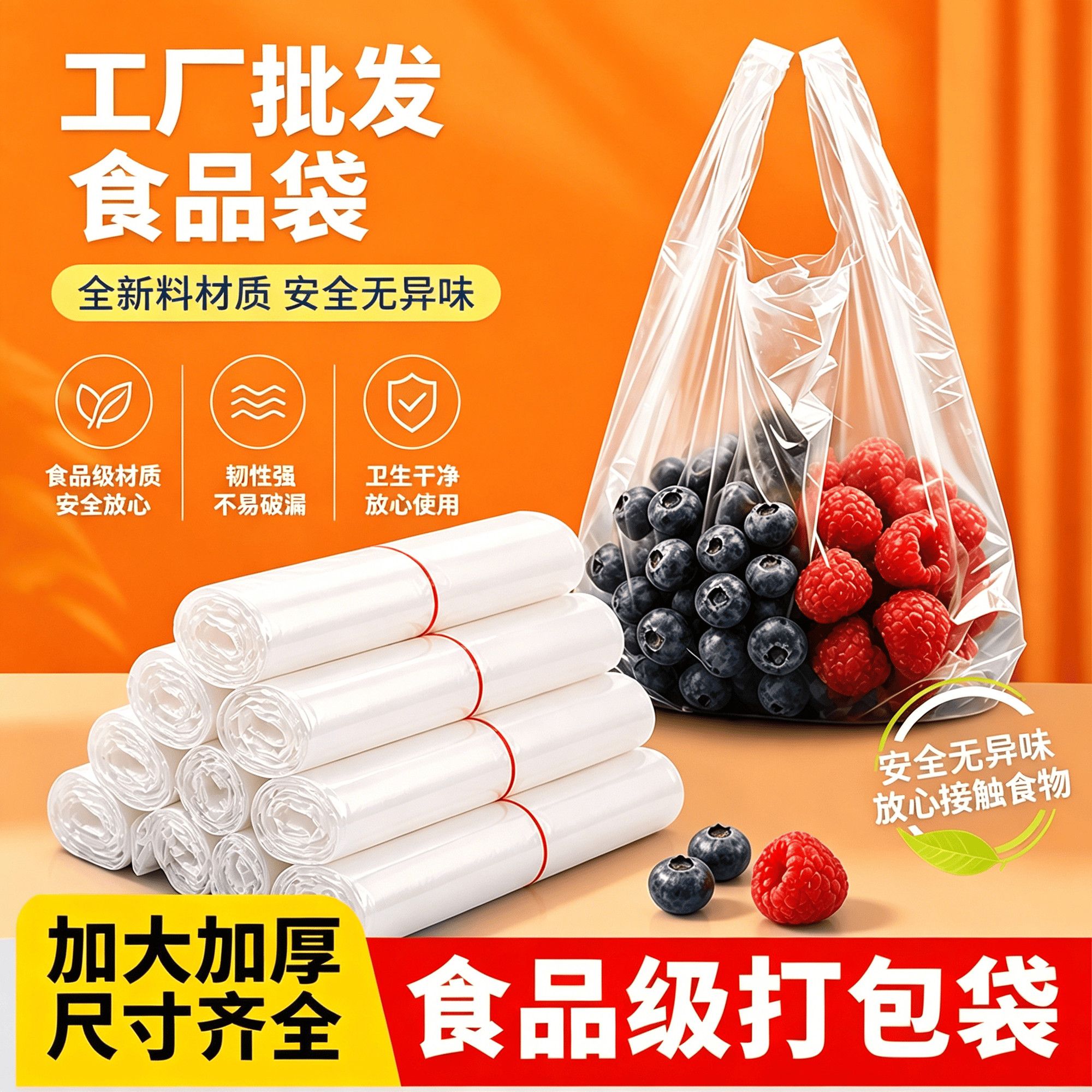批发白色透明塑料袋食品袋 马夹袋 背心袋商用购物袋外卖打包带袋