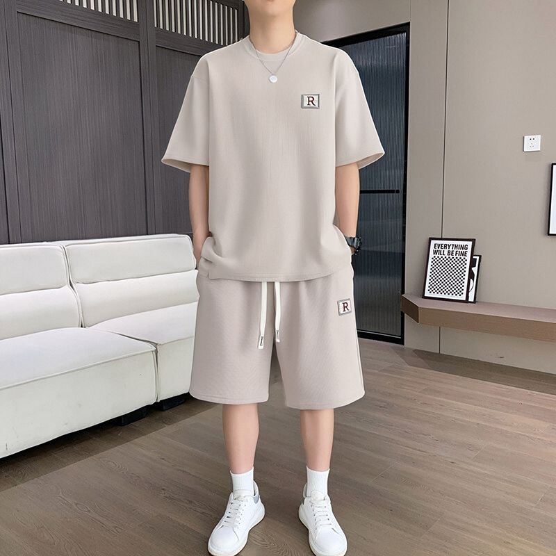 夏季宽松透气短袖t恤韩版时尚潮流男装运动一套搭配男士休闲套装