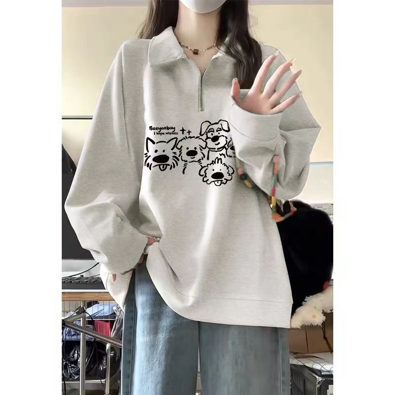 花灰色半拉链小狗卫衣女春秋新款oversize小众独特别致POLO领上衣