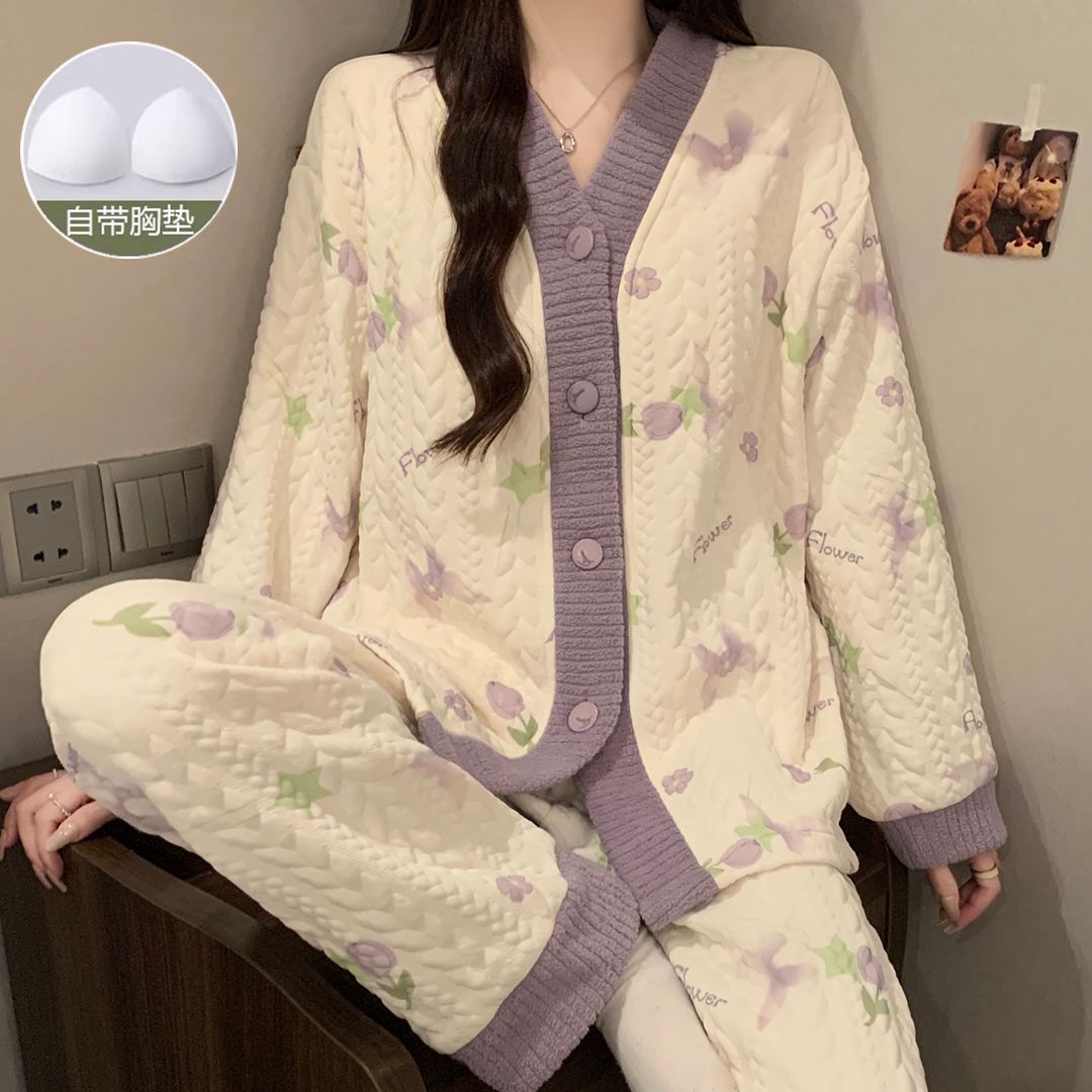 带胸垫睡衣女空气棉秋冬季新款加厚开衫女士睡衣可外穿家居服套装