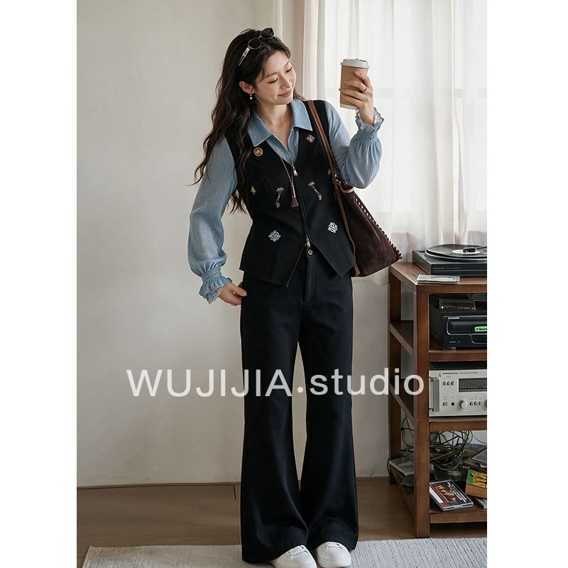 【五季家】大码女装秋季新款时尚通勤风显瘦黑色上衣黑色长裤两件套装【15天内发货】