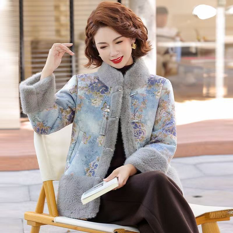 妈妈款洋气高端冬季外套中年女皮毛一体国风旗袍棉服加厚盘扣上衣