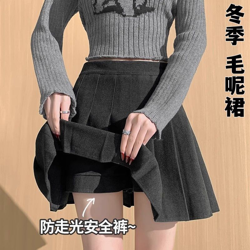 毛呢高腰百褶裙秋冬新款加厚学院风半身裙修身显瘦防走光裙子短裙