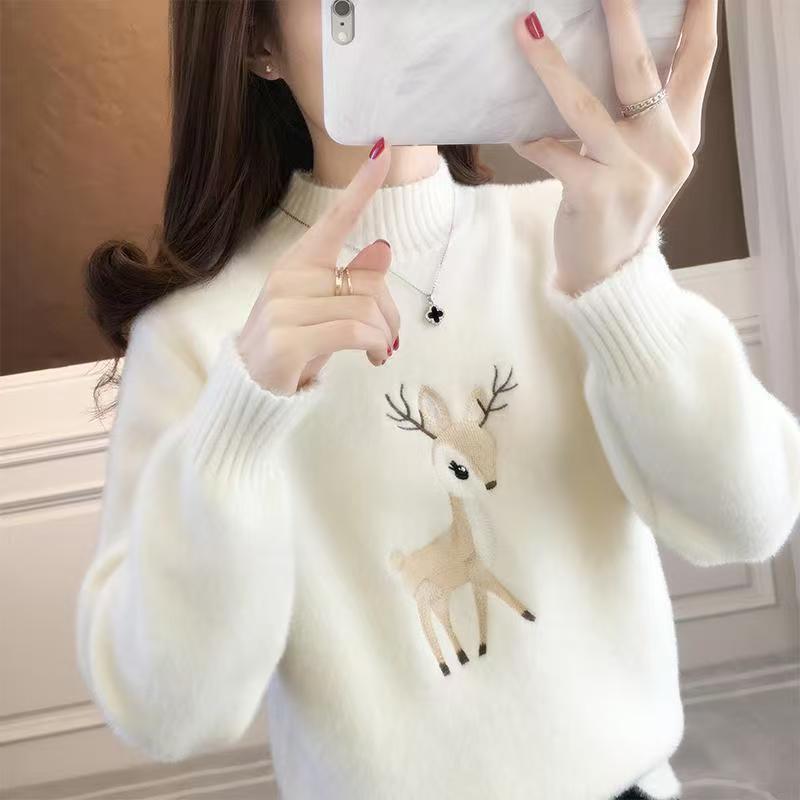 新款加厚秋冬高领水貂一体绒毛衣女宽松百搭打底毛衣针织套头上衣