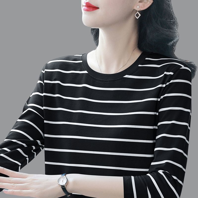 圆领内搭打底衫长袖t恤大码棉质女秋冬洋气百搭正肩撞色条纹上衣