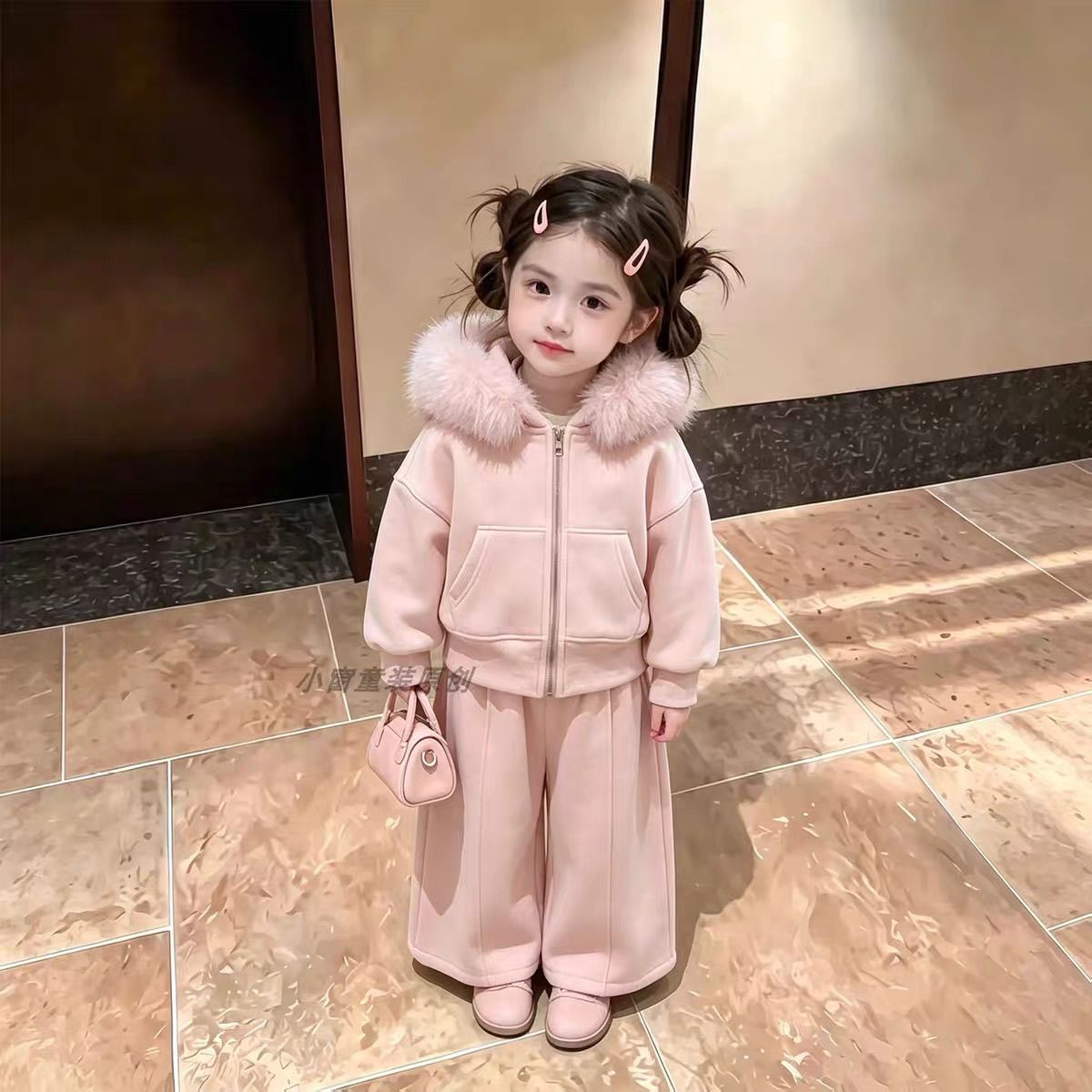 女童套装秋冬季纯色2026新款儿童连帽加绒外套毛领休闲冬装两件套【7天内发货】