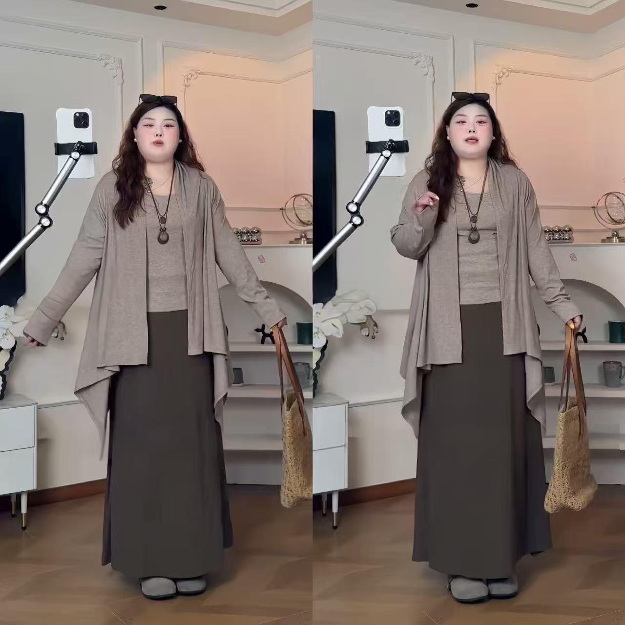 大码女装新款三件套不规则下摆开衫+内搭+半身裙遮肉显瘦懒人套装
