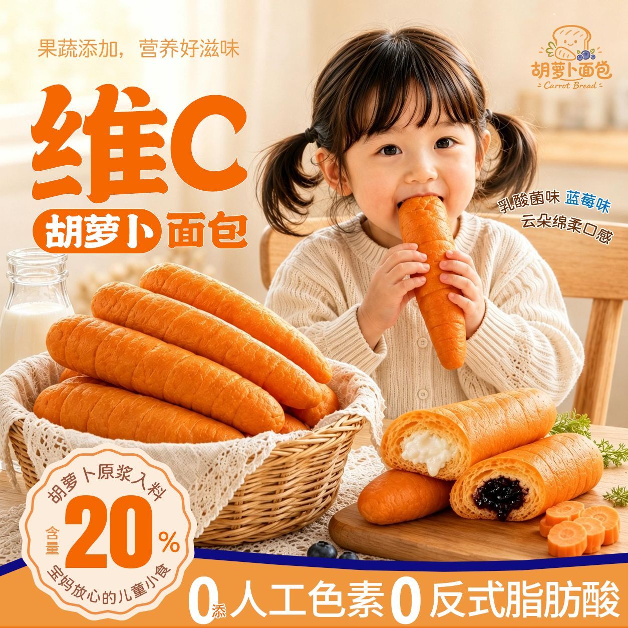 胡萝卜原浆面包蓝莓味夹心营养早餐学生儿童零食乳酸菌味面包吐司