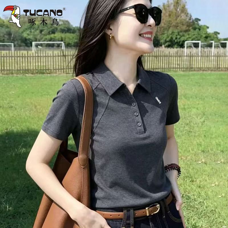 啄木鸟纯棉女士t恤短袖POLO衫女款夏季2026新款薄款半袖翻领休闲