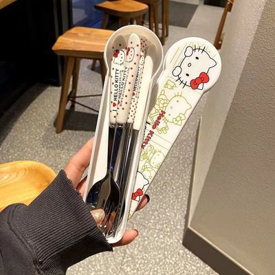 ins叮当猫餐具不锈钢筷子kitty猫勺子叉子学生家用套装便携三件套