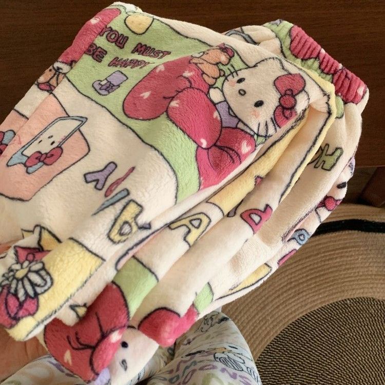 ins睡衣女秋冬季珊瑚绒蜡笔小新加绒加厚保暖卡通可爱法兰绒睡裤