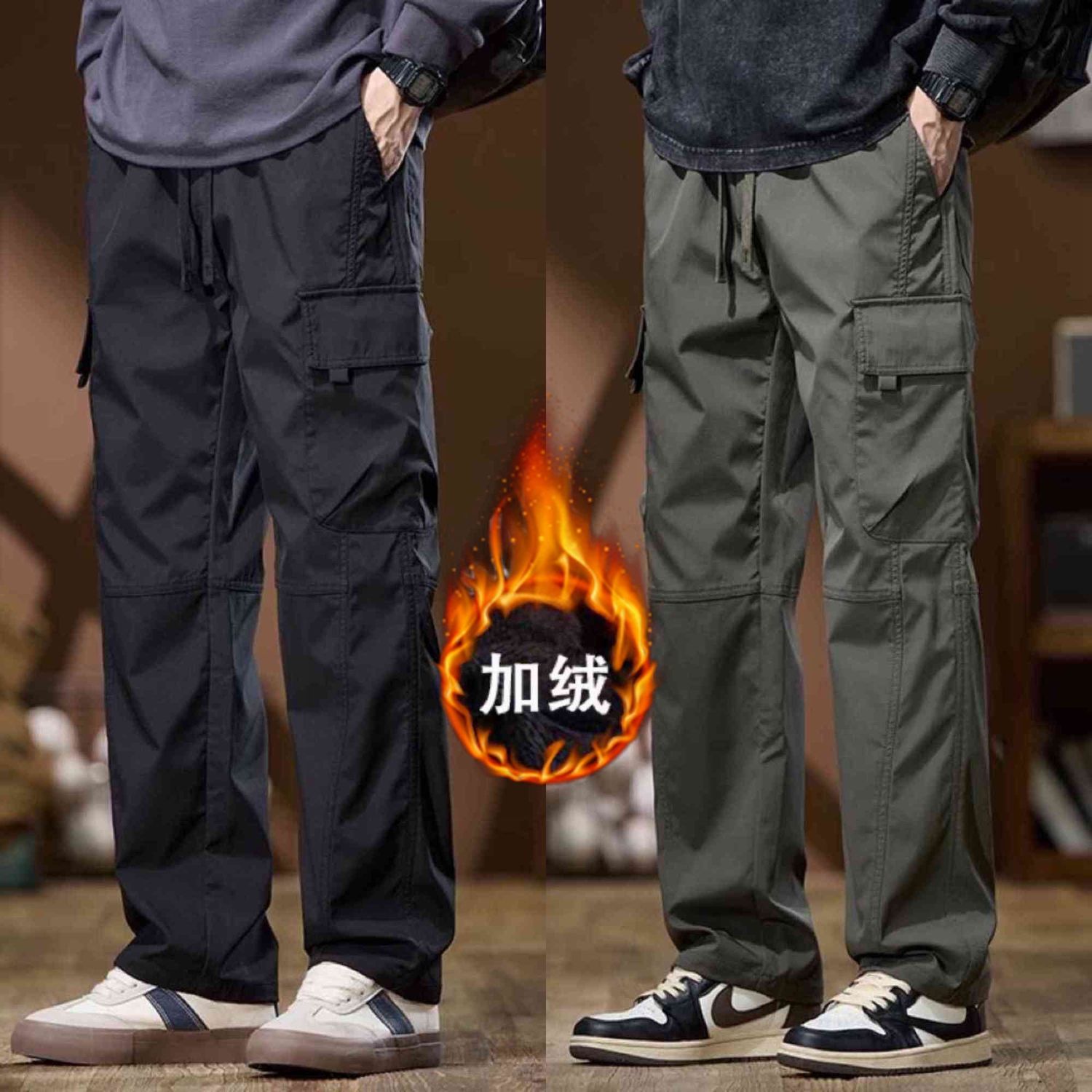 加绒加厚工装裤男冬季防风宽松大码直筒休闲裤男士耐磨百搭阔腿裤
