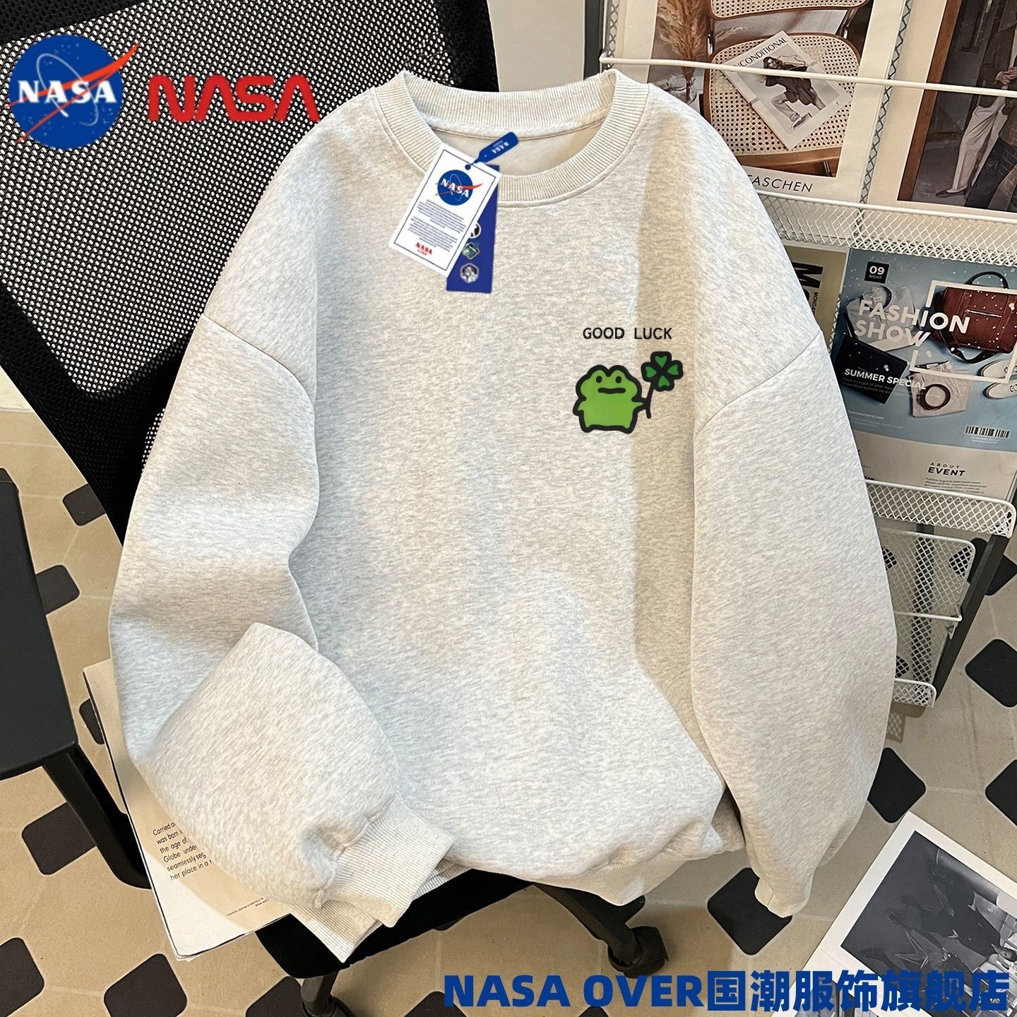 NASA联名四叶草趣味青蛙印花元素衣服圆领卫衣oversize秋冬中长款