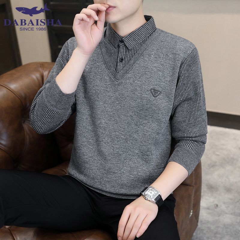 【大白鲨】春秋假两件加厚衬衫领中老年男士针织毛衣爸爸装长袖上衣潮