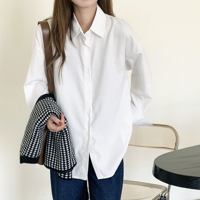 白衬衫女棉质抗皱港风大码长袖正装衬衣女士休闲白色职业装打底衫