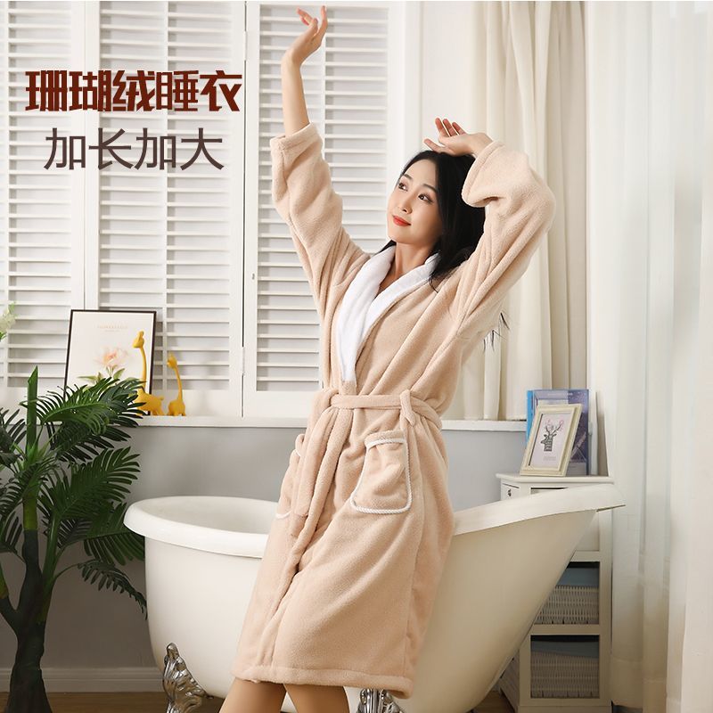 男女成人浴袍加长珊瑚绒睡衣翻领新款保暖加绒不易掉毛酒店式浴袍
