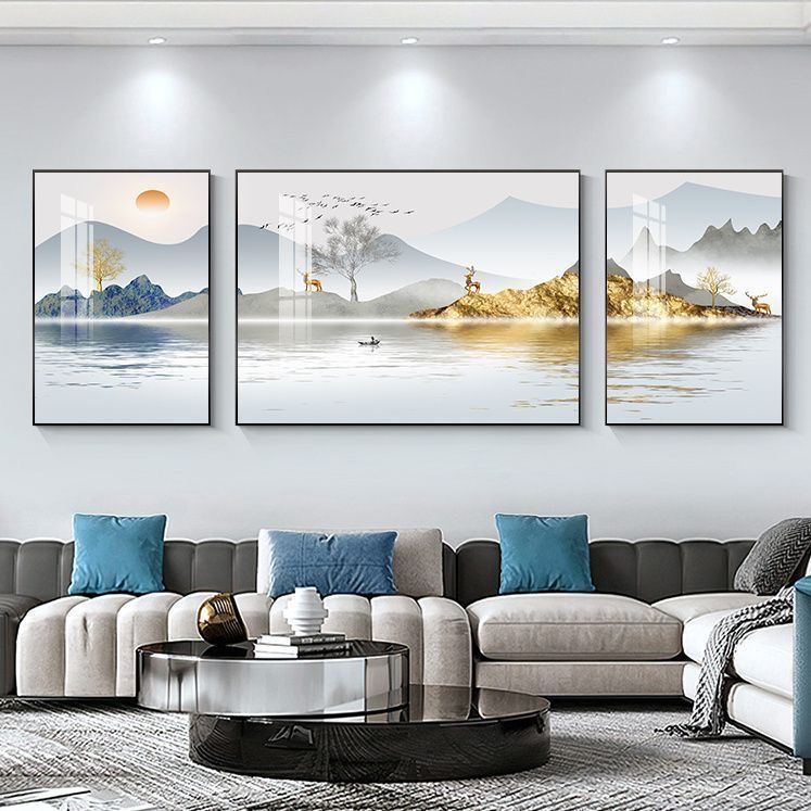 旭日东升山水画客厅挂画大气高档三联画现代轻奢沙发背景墙装饰画