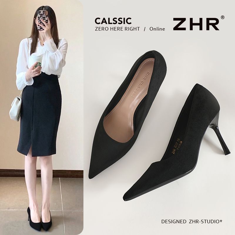 【ZHR】则则羊京绒高跟鞋细跟气质黑色工作鞋女2026新款单鞋超软女鞋