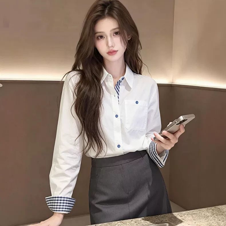 白色polo领长袖衬衫女士夏季设计感法式拼接格子高知小资衬衣上衣