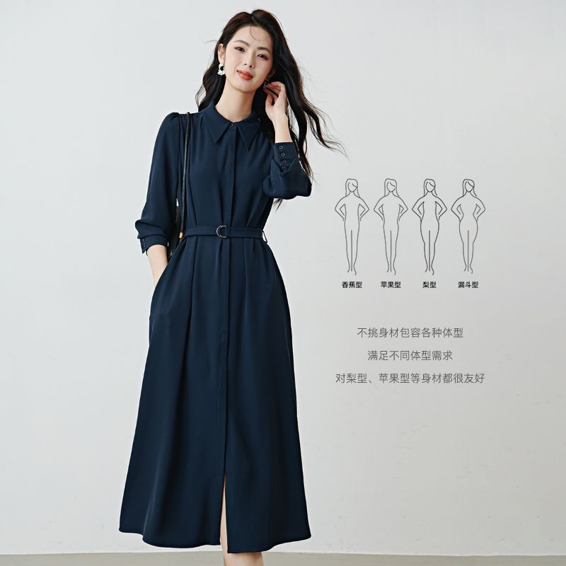 晚白【新品】正式场合行政蓝连衣裙秋款翻领衬衫连衣裙25081419