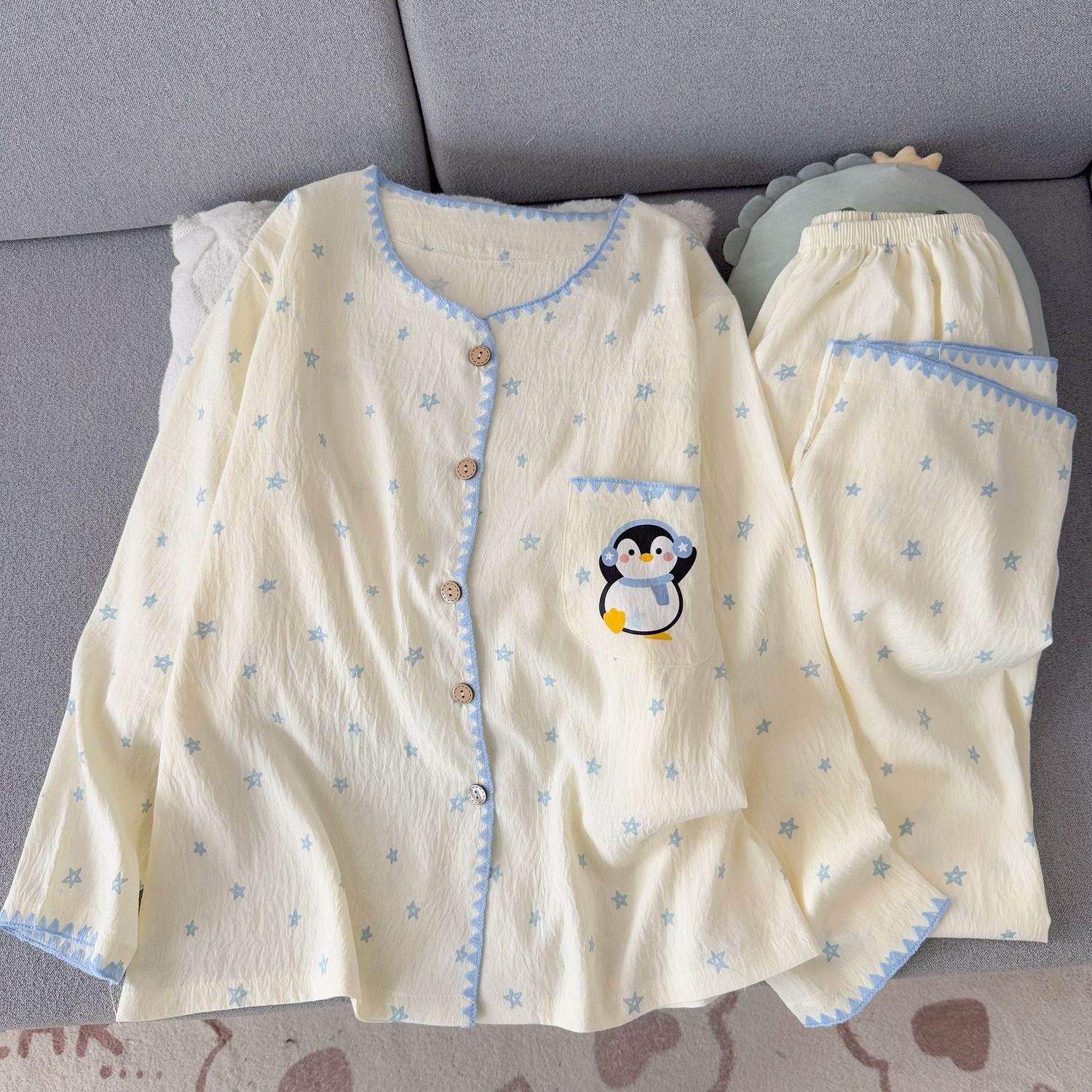 星星企鹅贝壳绣睡衣女春秋长袖云朵棉学生宿舍可爱少女卡通家居服