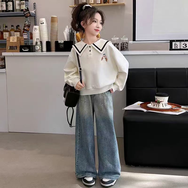 女童春秋套装学院2026新款女大童洋气海军儿童牛仔裤两件套