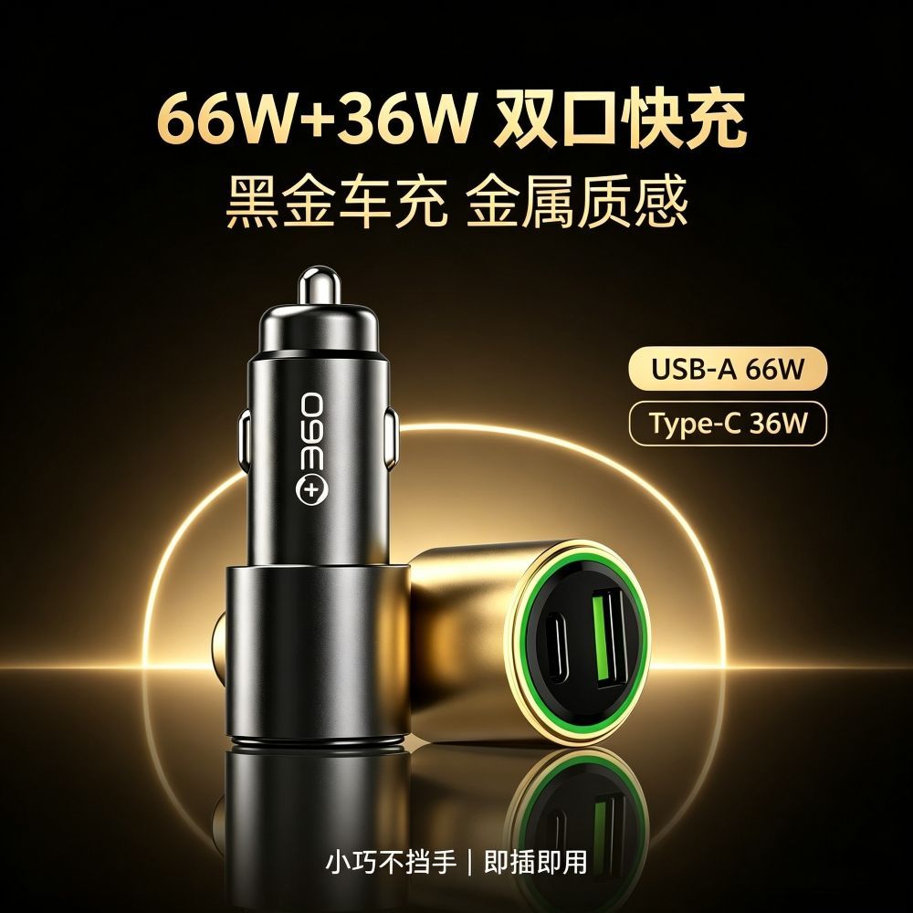 【360】车载充电器手机快充66W双口一拖二点烟器接头闪充适用华为