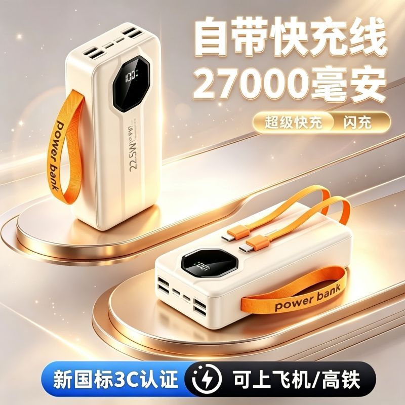 3C认证大容量27000毫安充电宝自带线PD超级快充移动电源可上飞机