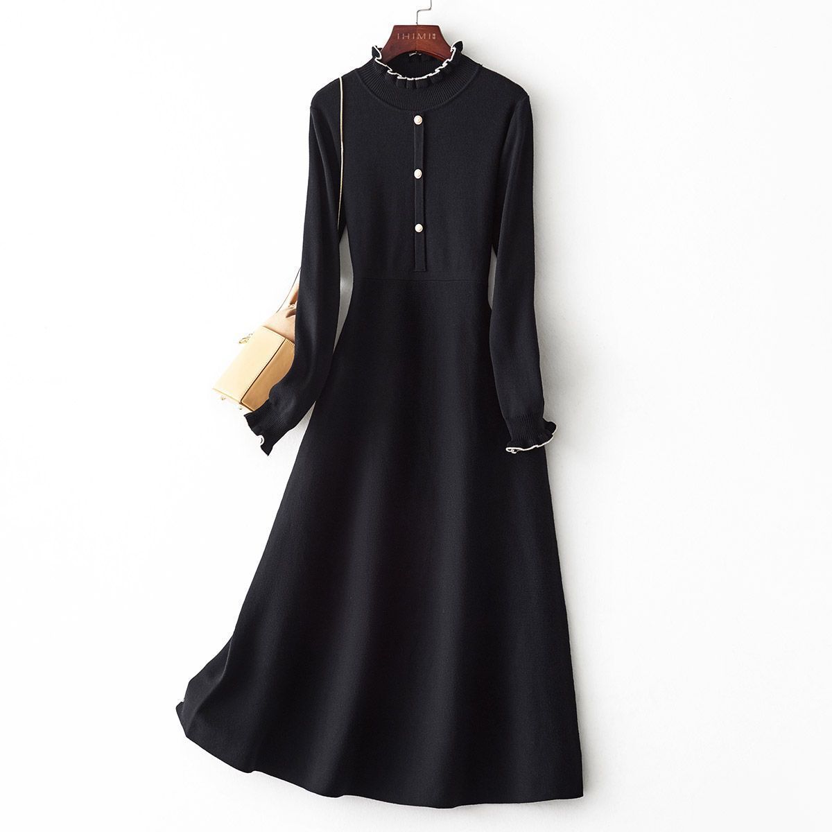 IHIMI/海谧【木耳边优雅小黑裙】26年冬季新品女款通勤显瘦连衣裙