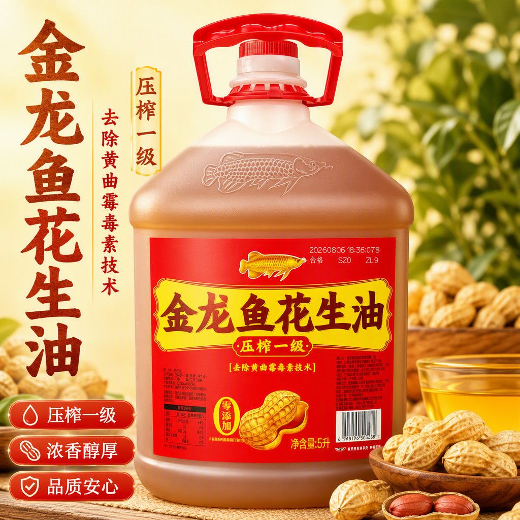 【金龙鱼】花生油压榨一级5升大桶装食用油家庭实惠装炒菜花生油