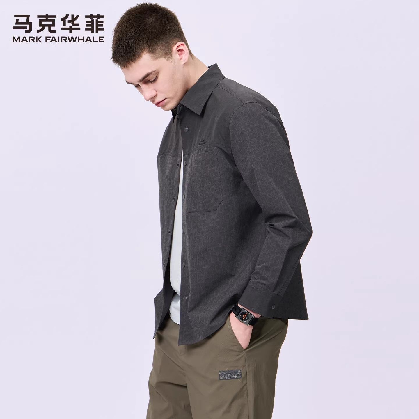 【拼接满印】马克华菲翻领长袖衬衫男秋季款潮流刺绣休闲衬衣外套