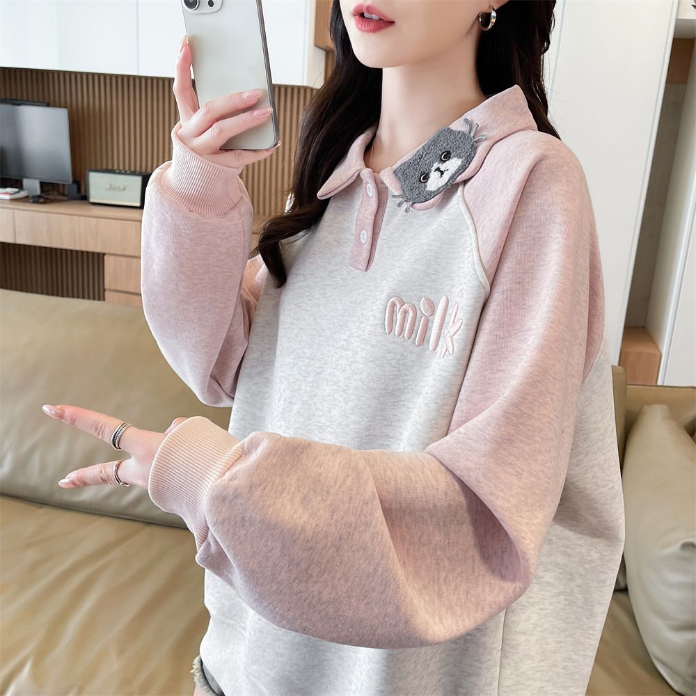 2026春秋气质POLO领卫衣女小众卡通装饰宽松洋气减龄少女休闲上衣