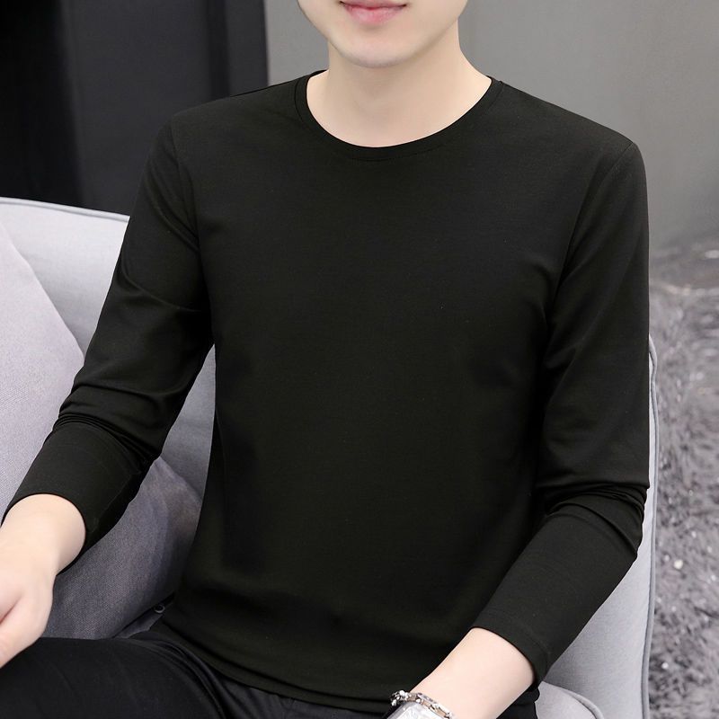 【高品质棉】男士纯色长袖t恤男95%棉春秋衣服圆领休闲宽松打底衫