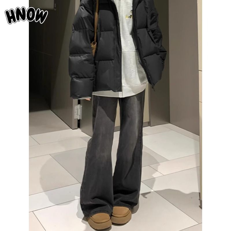 HNOW高街复古黑灰色阔腿牛仔裤女春秋小个子高腰宽松显瘦直筒长裤