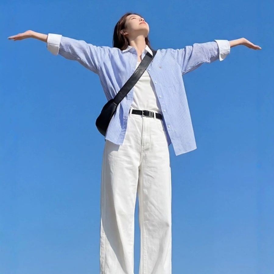 大码白色裤子女春秋2026新款高腰阔腿直筒牛仔裤气质百搭淡人穿搭