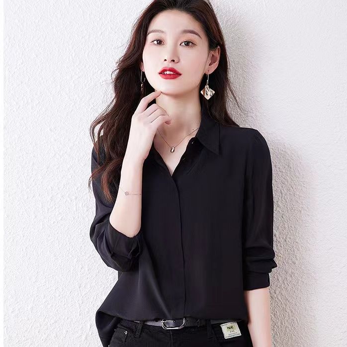 2024春免烫抗皱防皱长袖黑色衬衫女正式大学生工作服薄款打底衬衣