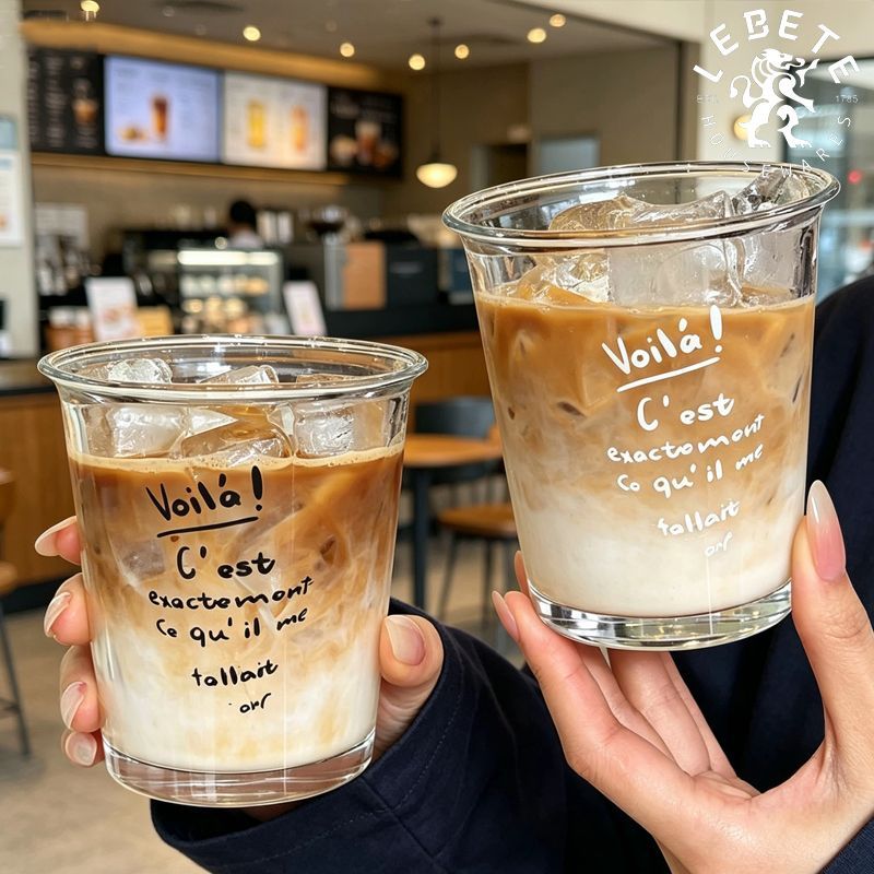 玻璃咖啡杯冰美式杯子家用水杯ins高颜值英文字母拿铁牛奶饮料杯