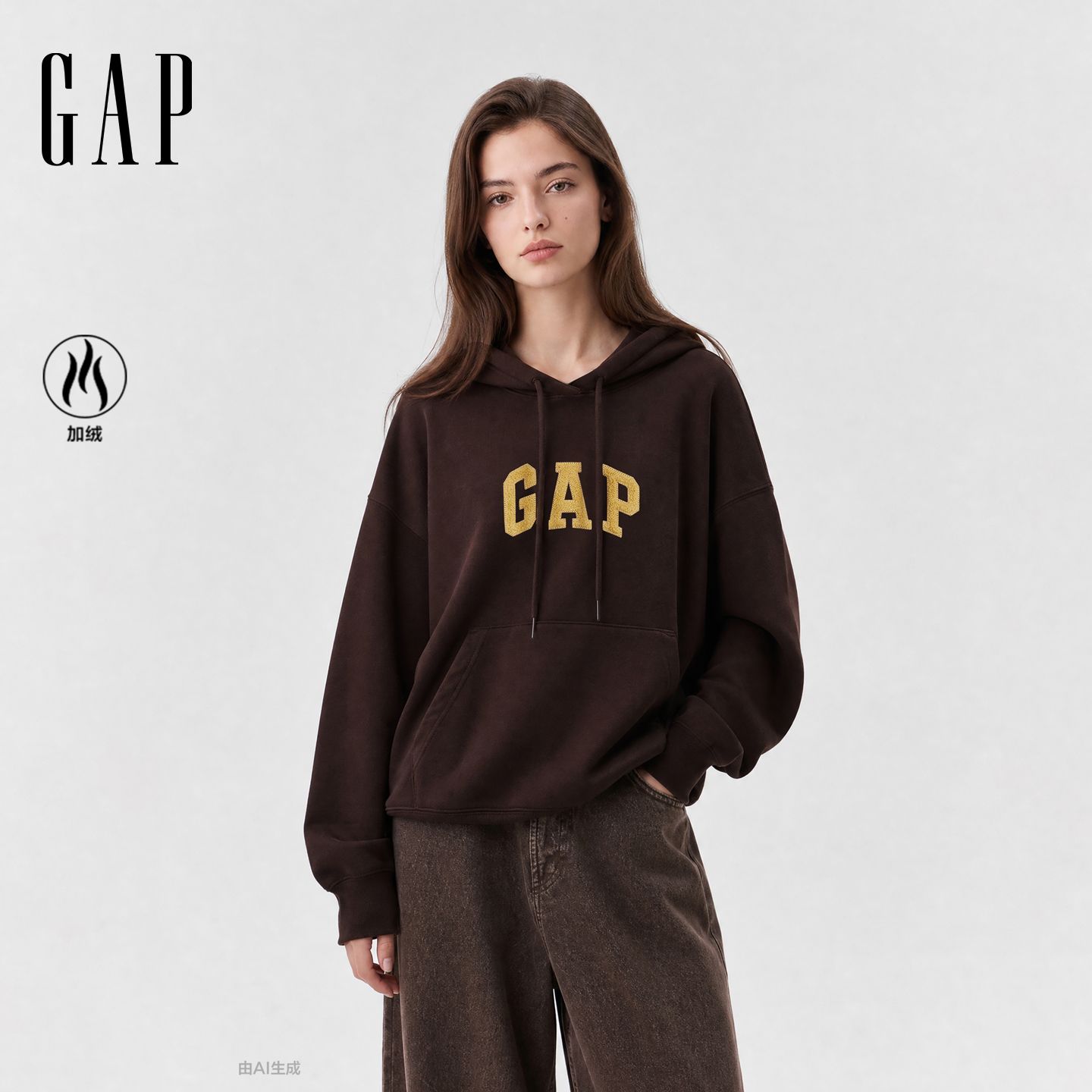 【Gap】女装2026秋季新款logo毛巾绣加绒宽松连帽套头卫衣2SS623048