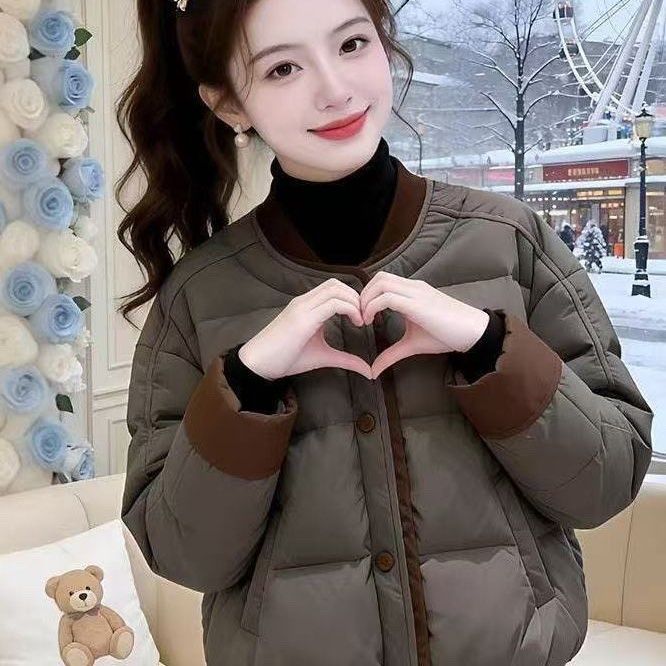 欧货拼接拼色棉衣棉服女2026冬季新款小个子保暖加厚宽松棉袄外套