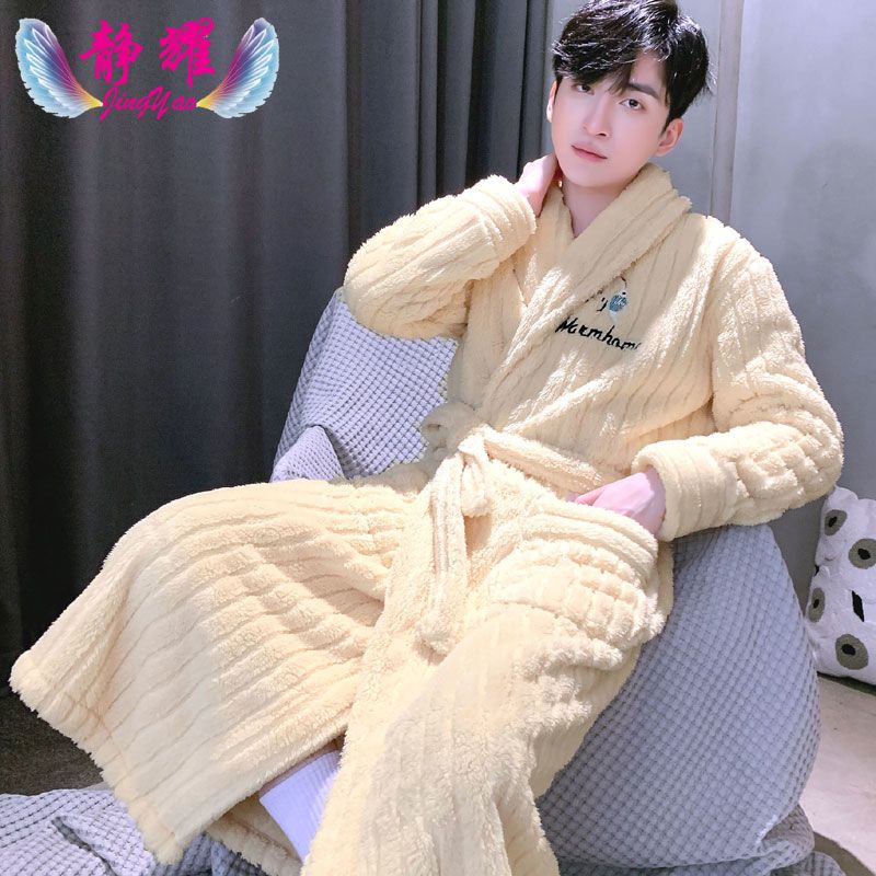 法兰绒睡袍男士长款加绒加厚浴袍中长款秋冬新款保暖珊瑚绒家居服