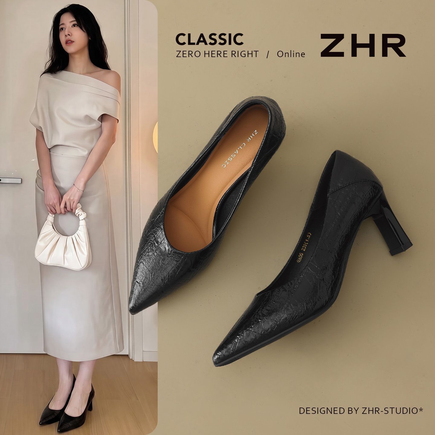 【ZHR】则则复古尖头浅口粗跟高跟鞋单鞋2026秋季新款百搭女鞋小皮鞋