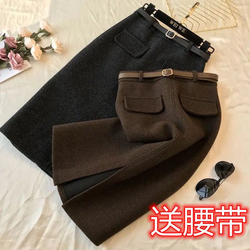 毛呢半身裙女2026秋冬季洋气开叉半身裙梨形外穿中长款裙子女