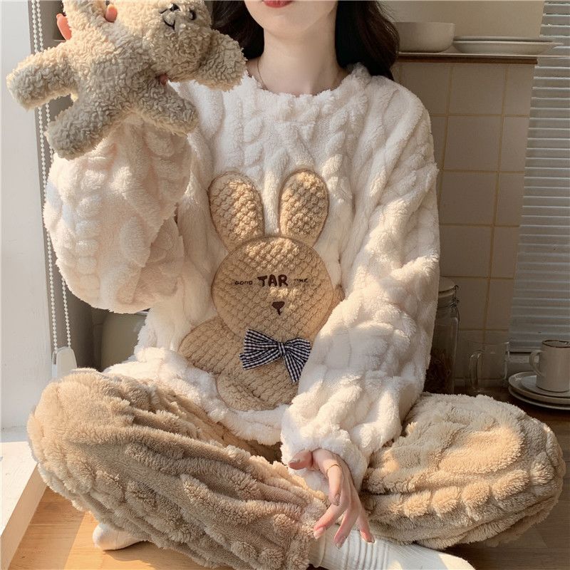 沃奥依芙珊瑚绒睡衣女冬季加绒加厚卡通保暖家居服两件套
