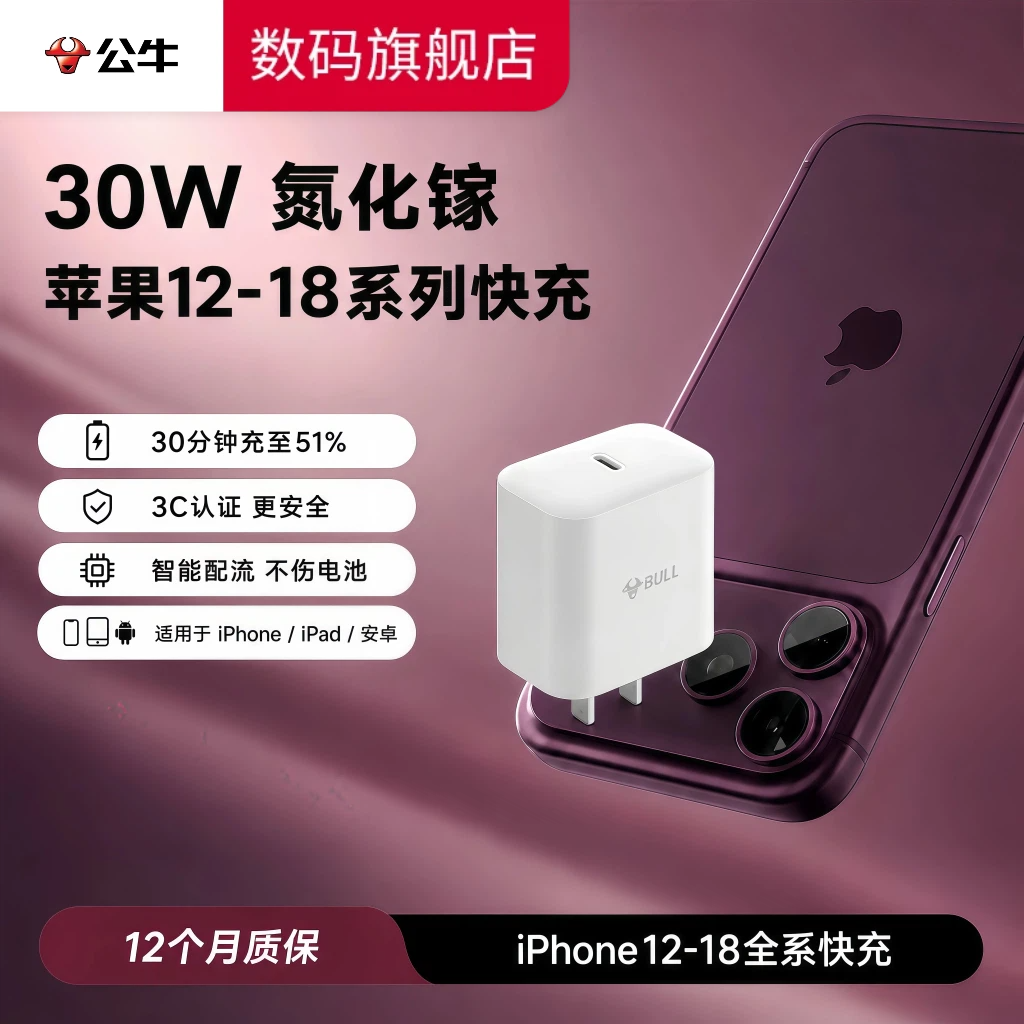 【公牛】30W充电头氮化镓适用苹果18充电器数据线套装苹果17通用Typec